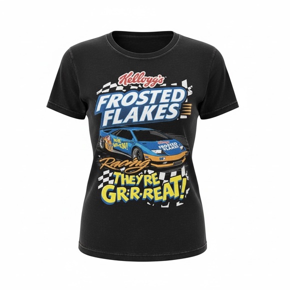 Kelloggs Tops - Kellogg’s Frosted Flakes Racing Car Black Retro Graphic Print T